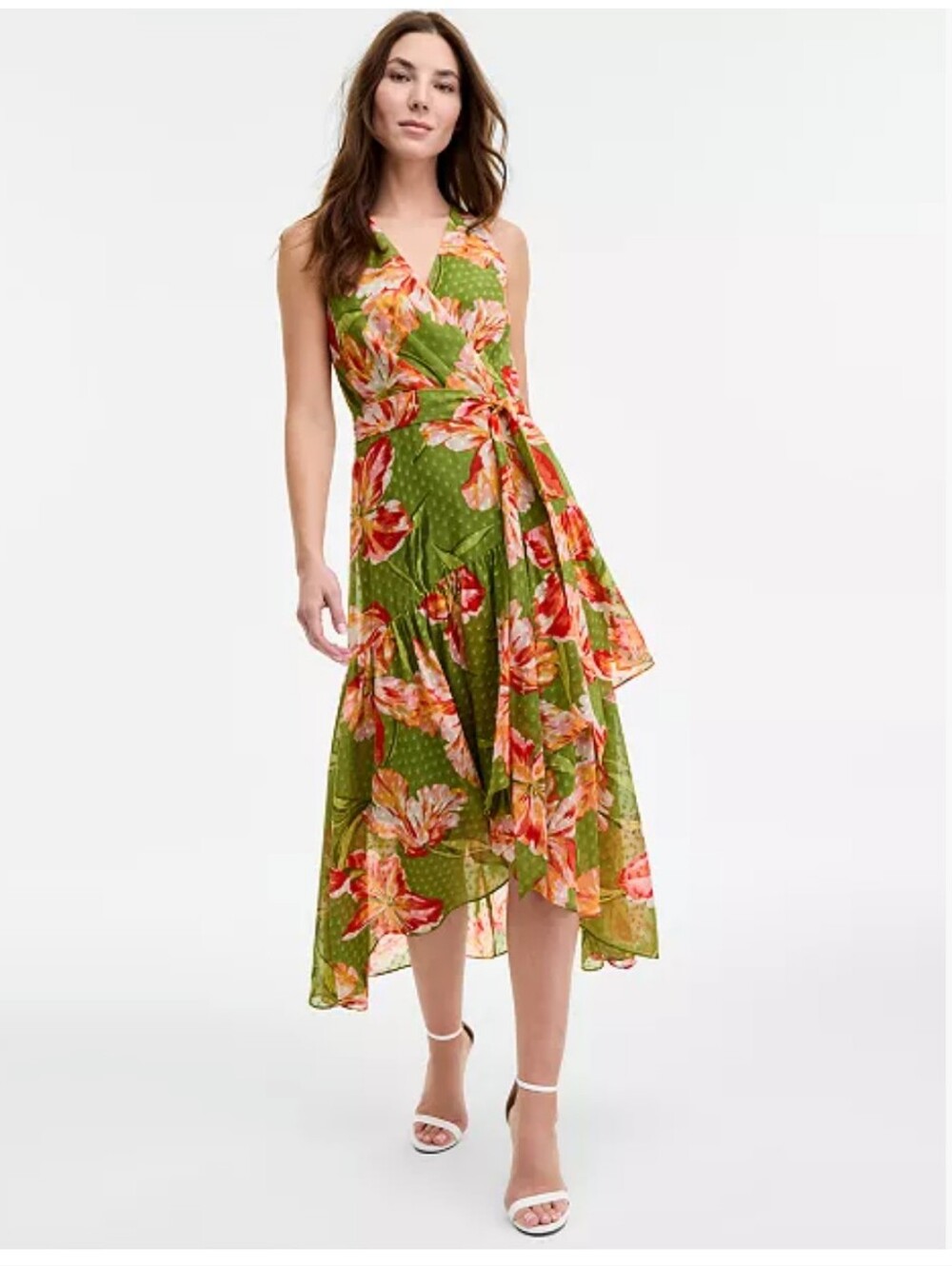Retail $159 Anne Klein Floral-Print High-Low Faux-Wrap Dress